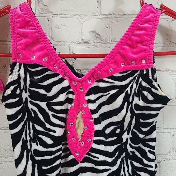 Dansco Hot Pink Zebra Dance Leotard Velour Plush Girls LC Large Belted Bodysuit - Picture 5 of 13